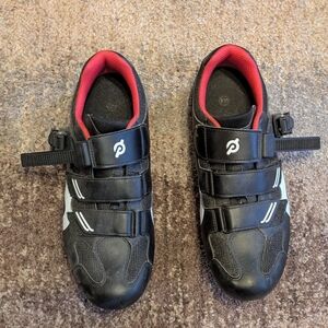 Peloton Black and White Cycling Shoes with Red Cleats